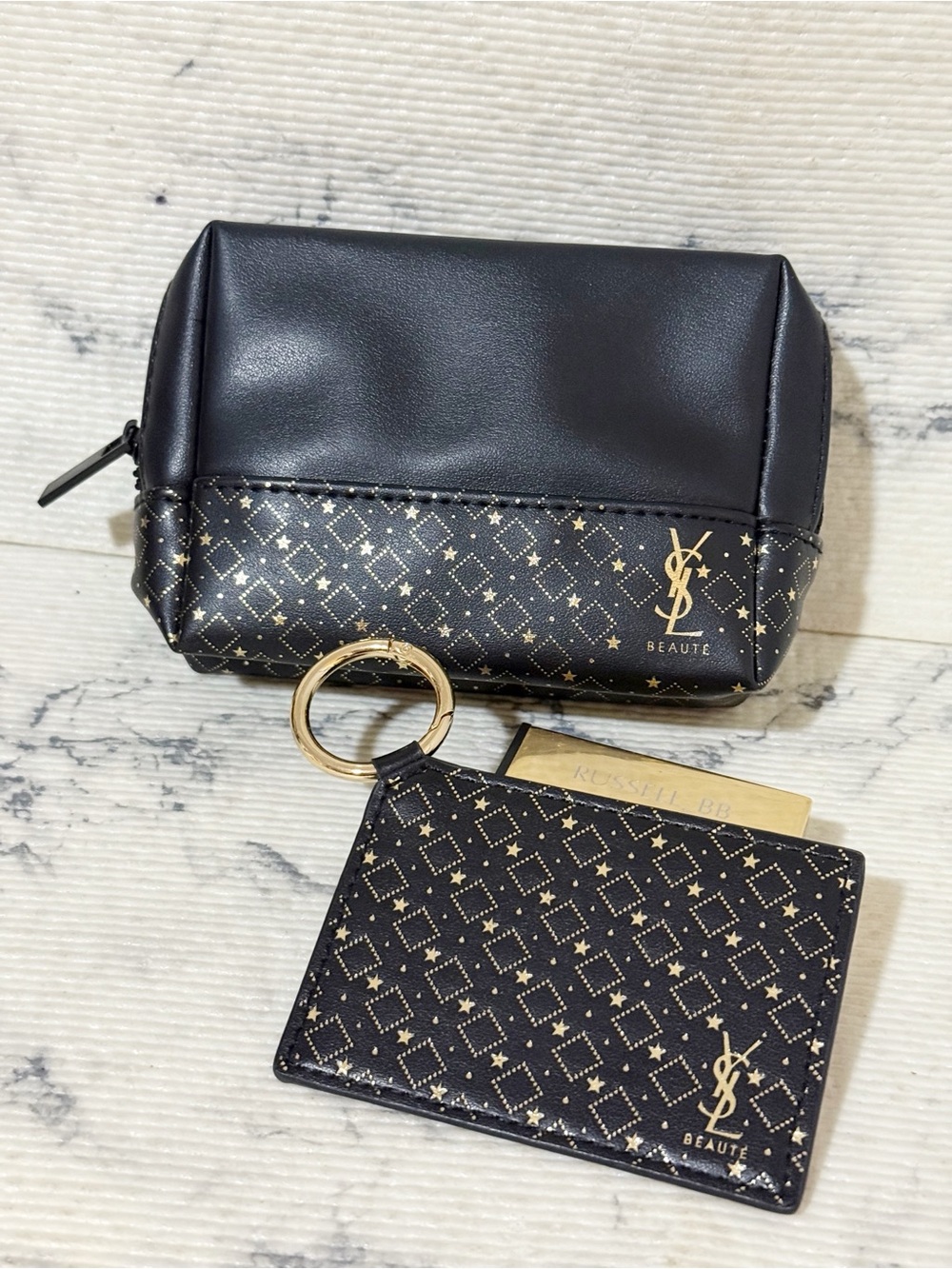 YSL Beauty Mini Black & Gold Cosmetic Pouch and Matching Mirror (Bag Charm)